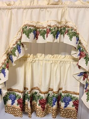Cream Grape Basket Print Curtain Panel with Ruffle Trim